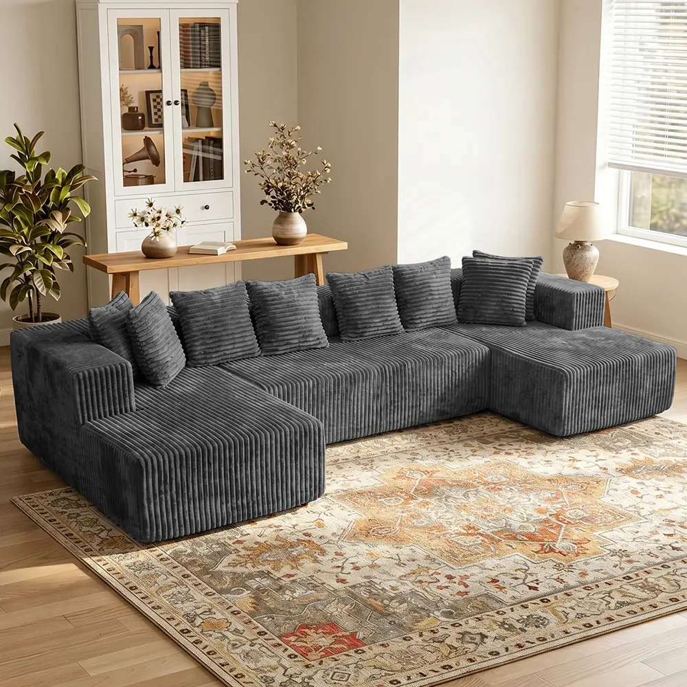 U-Shaped Modular Sectional Sofa, Vacuum Compressed No Assembly Corduroy Block Couch, Free Multi Layout Combination For Apartment Studio Rental Large Living Room