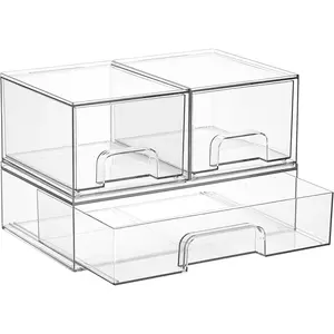 Stackable Storage Drawers Set of 3,Clear Plastic Organizer Bins for Makeup, Cosmetics, Beauty Supplies,Ideal for Vanity, Bathroom,Cabinet,Pantry Organization