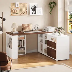FOTOSOK L Shaped Reversible Computer Desk with Cube Storage Organizer, 2 Drawer Wooden Farmhouse Executive Desk for Home Office, White