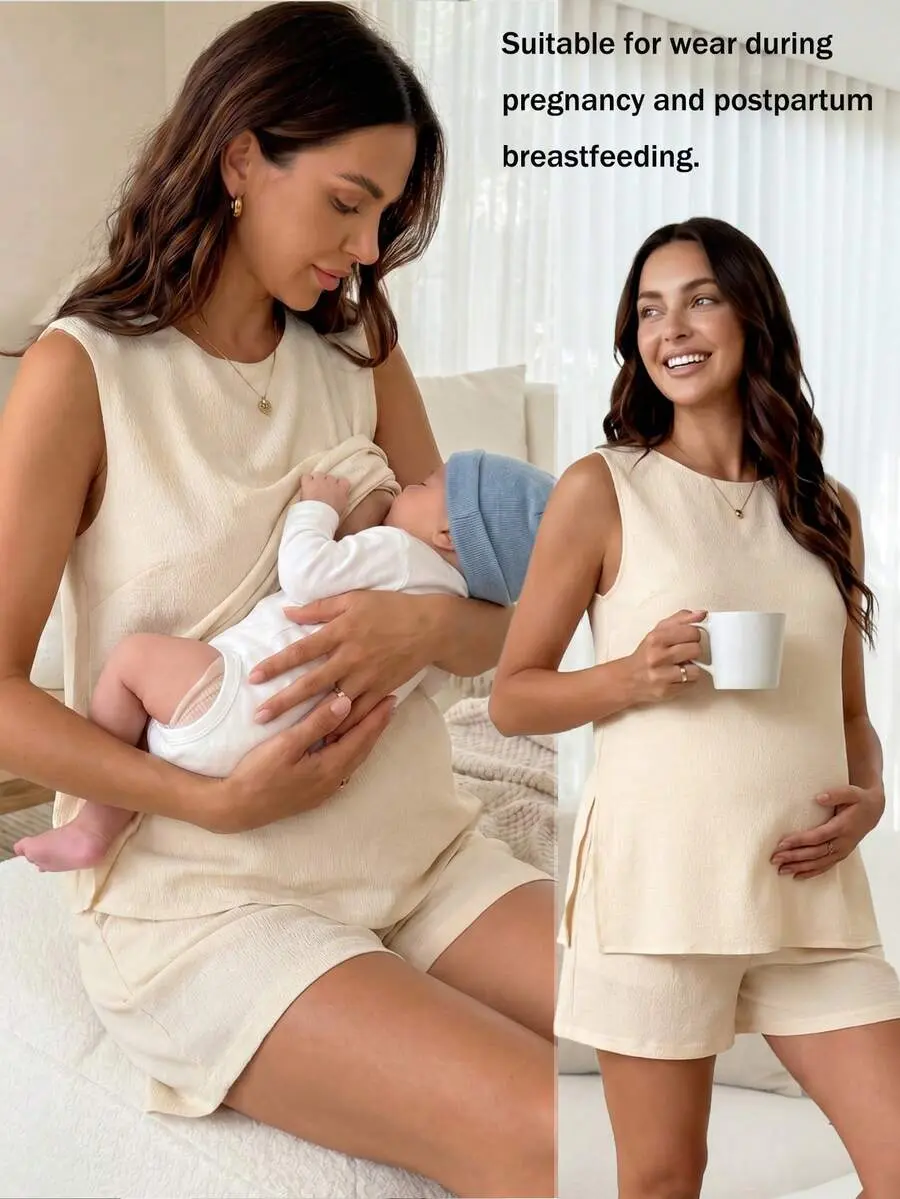 SAMT Maternity Solid Color Nursing Top And Shorts Casual Daily Set