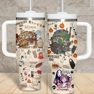 Studio Ghibli Inspired 40oz Tumbler with Handle - Totoro Spirited Away Howl's Moving Castle Travel Mug - Kawaii Anime Collage Aesthetic 40 oz Stainless Steel Cup with Straw - Gift for Anime Lovers - Cute Manga Design
