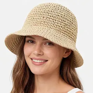 Women's Straw Bucket Hat Summer Mesh Woven Sun Beach Hat Foldable Fisherman Caps Hats