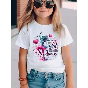 Girls' Soft Polyester Minimalist Dance Print T-Shirt, Short Sleeves, Round Neck, Casual Stylish Design, Ideal for Teenagers, Spring & Summer Use