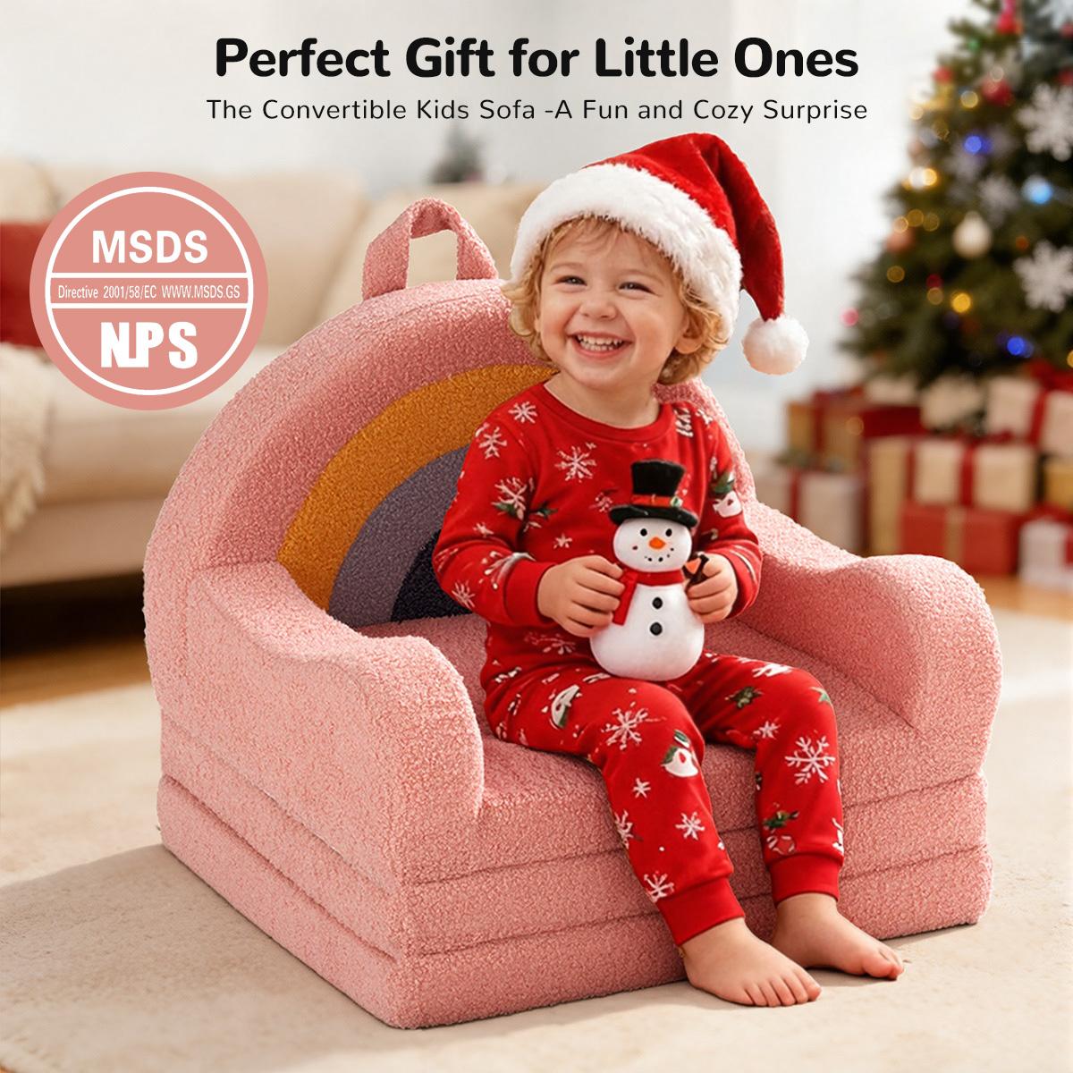 COMOMY Toddler Couch, 2 in 1 Kids Couch, Foldable Baby Soft Couch Chair for Boys and Girls Gift, Convertible Sofa to Lounger- Ideal for Napping, Reading, and Playing, Rainbow, Pink