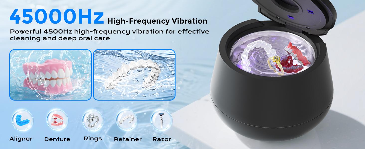 45kHz Ultrasonic Retainer Cleaner, 200ML Dental Cleaning Pod for Dentures, Mouth Guards, Braces, Aligner, Toothbrush Jewelry and More, UV Denture Cleaner with 4 Modes & Digital Timer