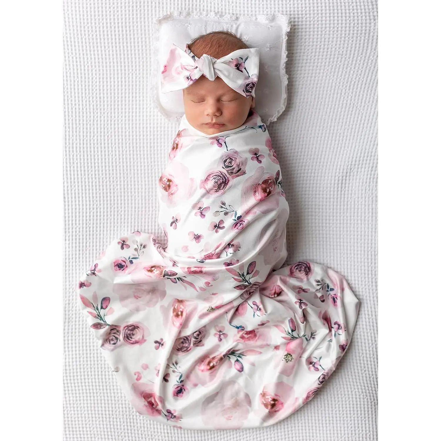 Newborn Floral Print Baby Stretch Wrap Swaddle Blanket with Matching Headband Hat Purple Pink Newborn Essentials for Girls Infants Soft Swaddle Set