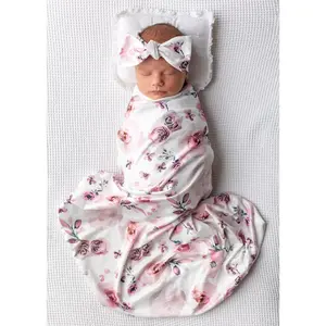 Newborn Floral Print Baby Stretch Wrap Swaddle Blanket with Matching Headband Hat Purple Pink Newborn Essentials for Girls Infants Soft Swaddle Set