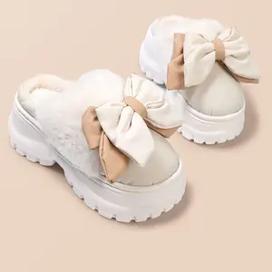 [High Quality Sweet Style] Women's Winter Platform Slippers - Cozy Warm Booties with Thick Sole & Bow |   Black/White Round-Toe Indoor/Outdoor House, Cushioned for Snow, Ice |   Sweet Style