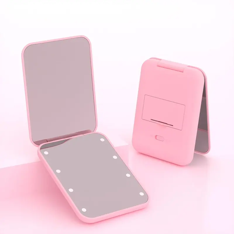 Portable Handheld Folding Makeup Mirror, 1 Piece LED Light Pocket Mirror with 2x Magnification, Makeup Mirror with Lights, Foldable Makeup Mirror