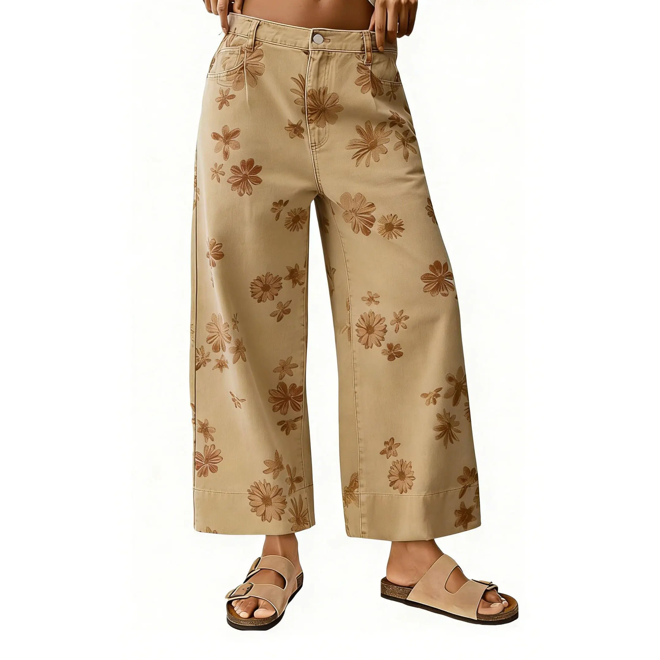 Chouyatou Women’s Cute Boho Flower Denim Crop Palazzo Pants, Summer Loose Wide-Leg Ankle Jeans for Streetwear, Party Outfits, Fashion, Baggy, Bottoms, Lightweight, Casual, Cropped, Chic, Floral, Stretchy, Suit, Oversized, Trouser, Leg Pants, Printed, Mid,