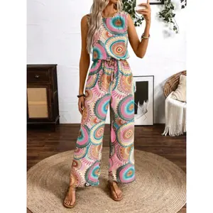 Women’s all-over print jumpsuit, bohemian casual sleeveless wide-leg jumpsuit for summer, beach vacation women’s jumpsuit for women’s wear GARMENTARY