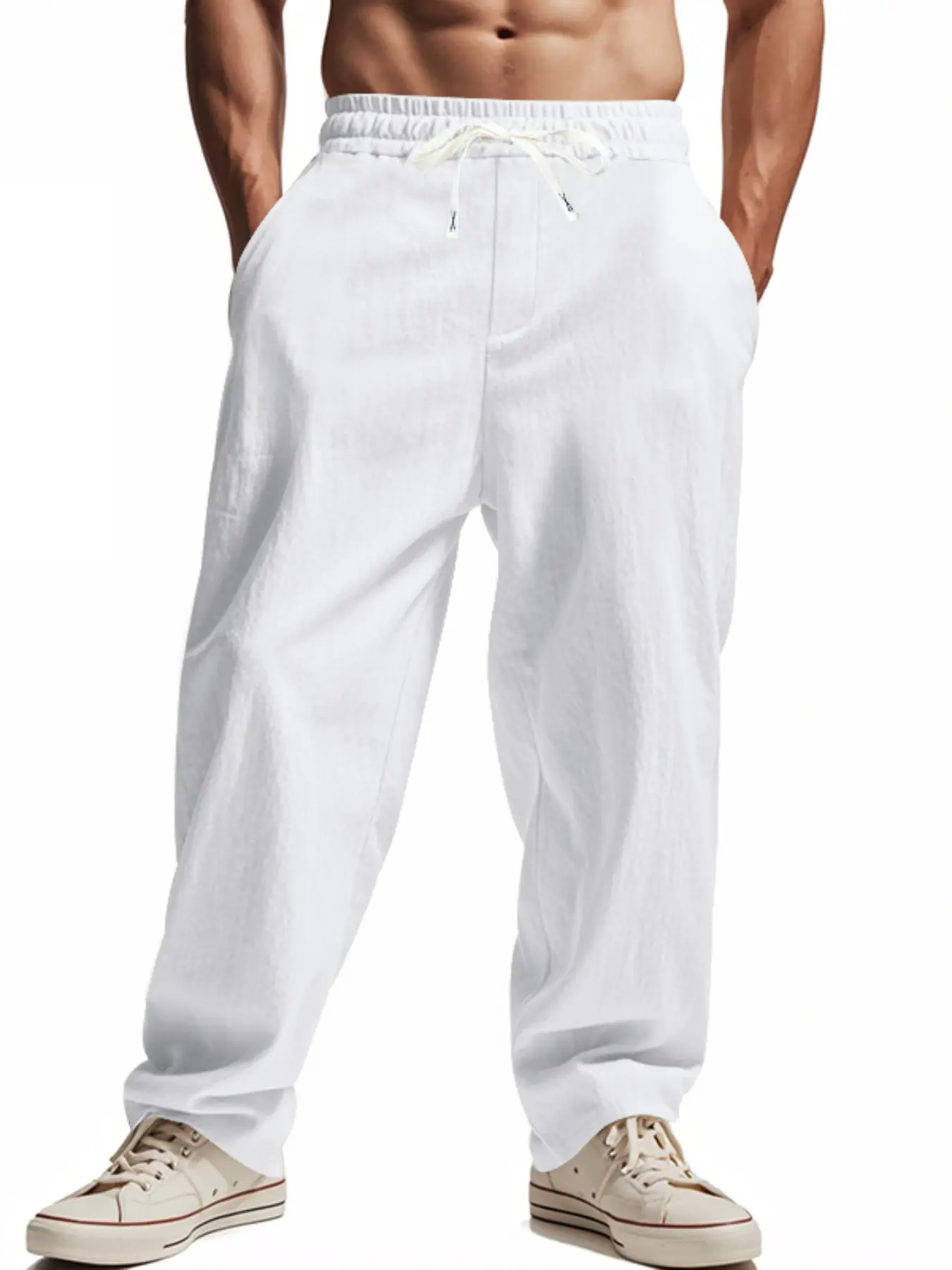 Men's Linen Cargo Pants Drawstring Multi-Pocket Straight Leg Breathable Outdoor Beach Casual Long Pants Trouser, 2026 Cross-Border Fashion