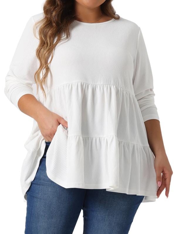 Agnes Orinda Plus Size Babydoll Tops for Women Long Sleeve Crew Neck Casual Loose Peplum Tops Blouses White