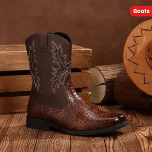 [Brown Crocodile Cowboy Boots] Brown Crocodile Pattern Men's Western Cowboy Boots - Square Toe, Mid-Calf with Side Zipper, Durable Rubber Sole, Comfortable Fabric Lining Walking Shoes Footwear