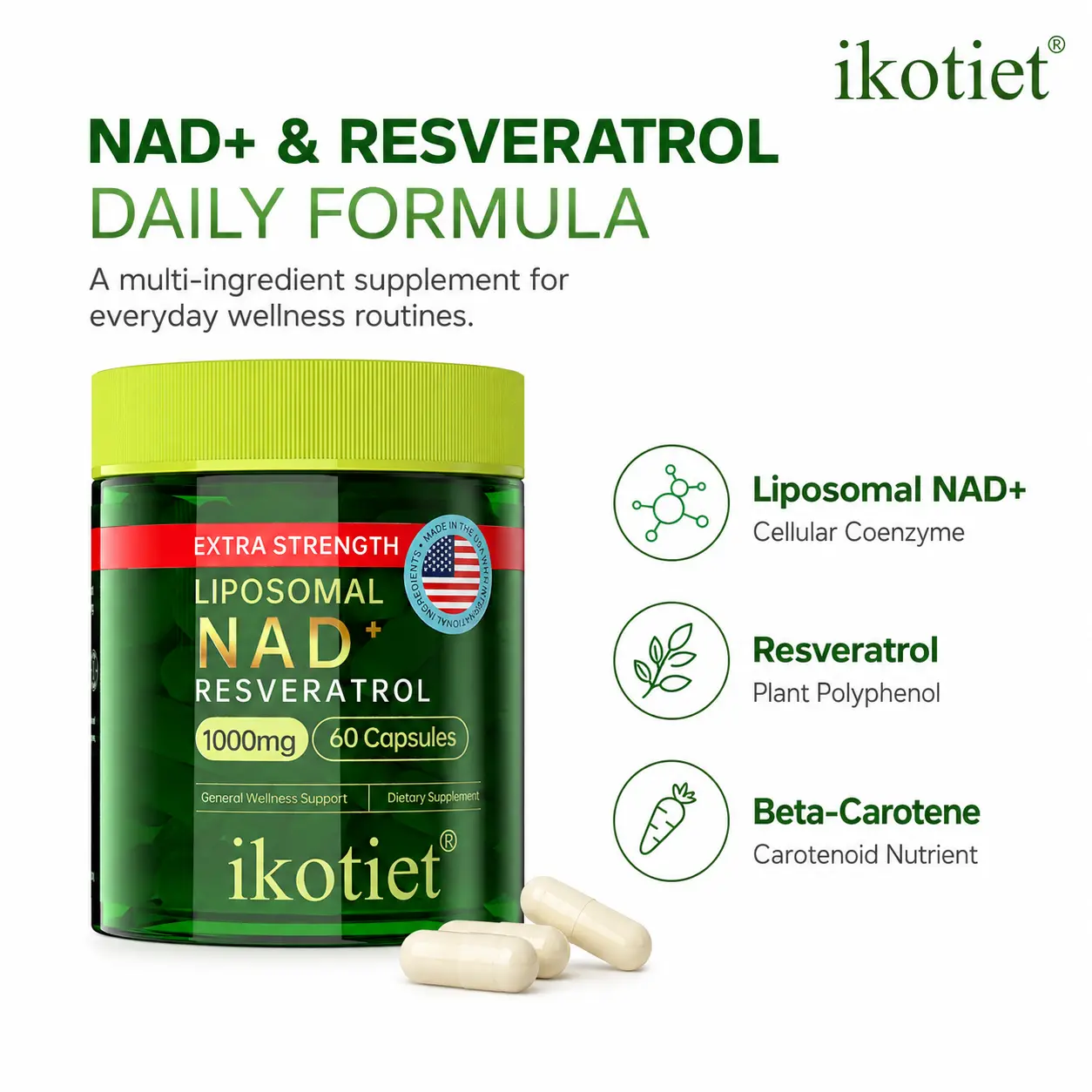ikotiet Liposomal NAD+ Supplement 1000mg with Resveratrol & Vitamin A Beta-Carotene, Daily Wellness Formula for Adult Women & Men, Vegan Non-GMO Gluten-Free, 60 Capsules, 30 Servings, Made in USA, Third-Party Tested Dietary Supplement