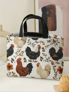 Women's Casual Rooster Pattern Handbag Lunch Bag, Reusable Lunch Bag, Large Capacity Picnic Food Drink Bag, All Seasons Camping Student Use