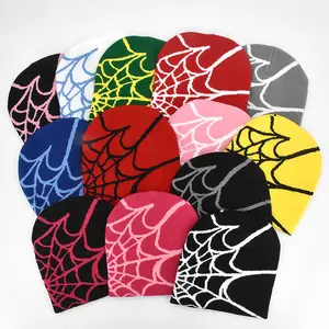 Dark Punk Streetwear Knit Beanie for Men Women, Spider Web Jacquard Design, Y2K Unisex Fall Winter Outdoor Cycling Hat, Warm Thermal Skull Cap for Urban Hip Hop Style