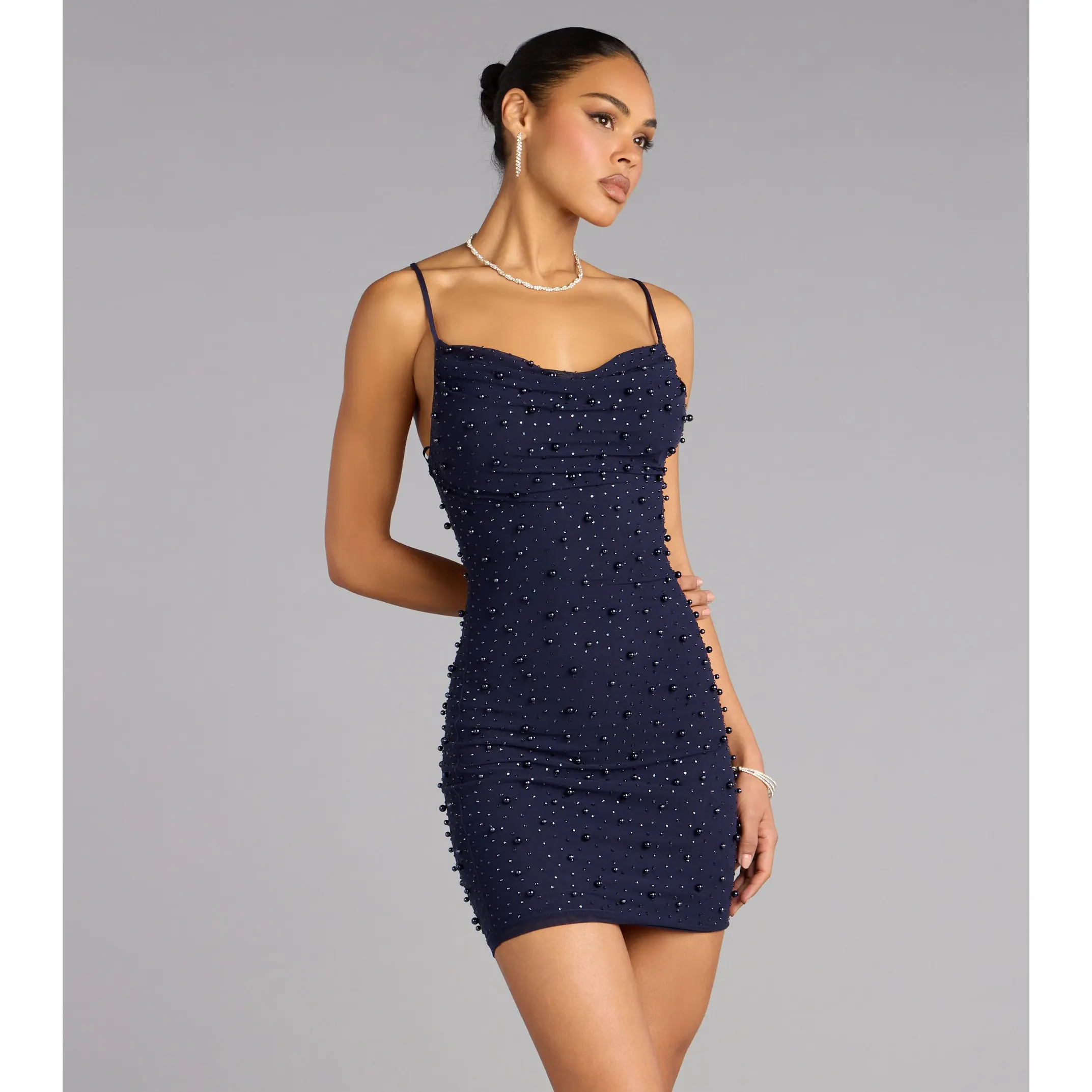 Vienna Rhinestone Pearl Mesh Mini Dress