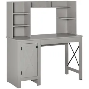 Farmhouse Computer Desk with Hutch – Light Grey. X Brace Barn-Style Door. 2-Tier Cabinet + 8 Open Shelves. Large Desktop. Space-Saving 2-in-1 Design
