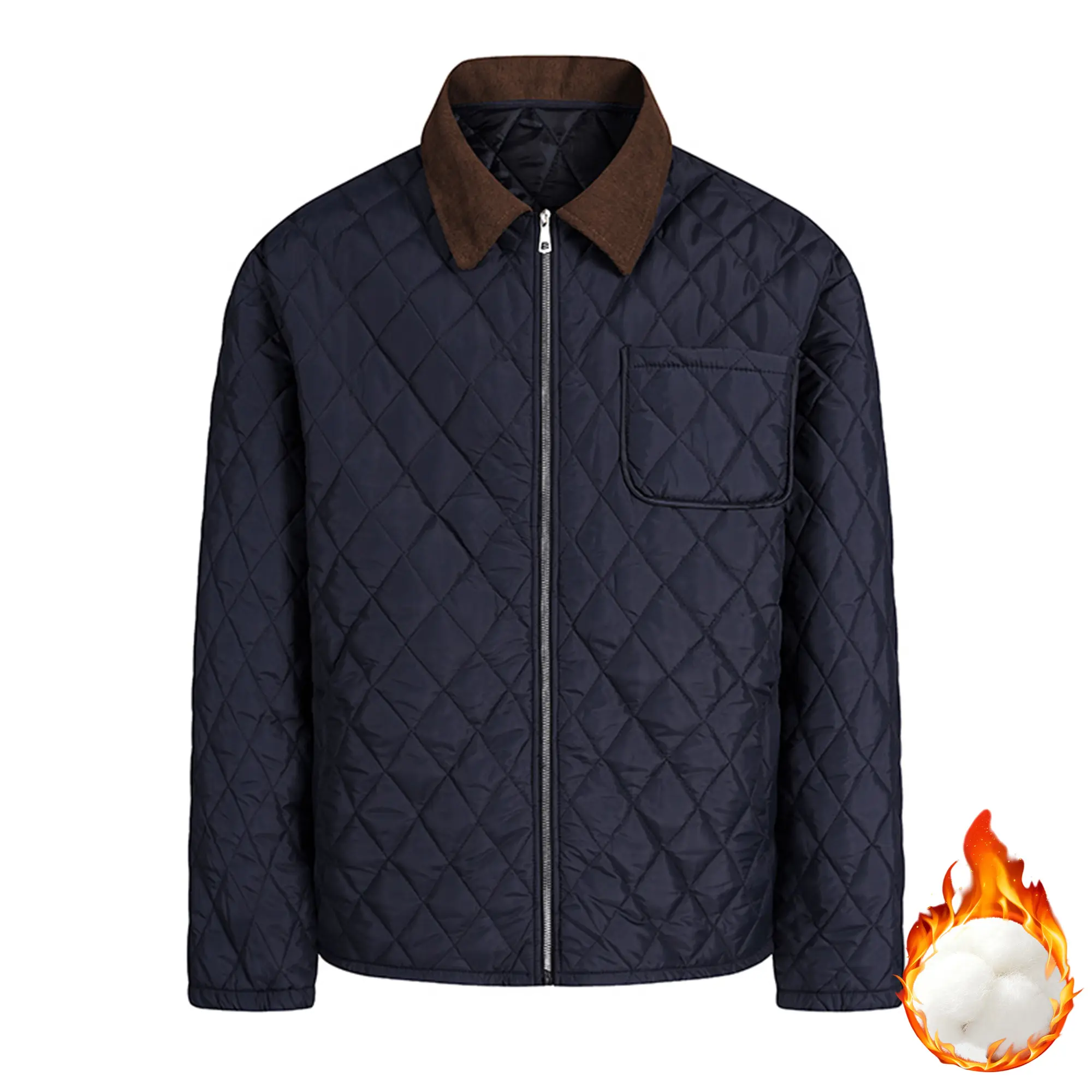 Men’s navy blue quilted corduroy jacket with diamond quilting, turn-down collar, and zipper closure; lightweight, windproof outerwear with a retro fleece lining for everyday commuting, travel, camping, and casual layering in autumn and winter.