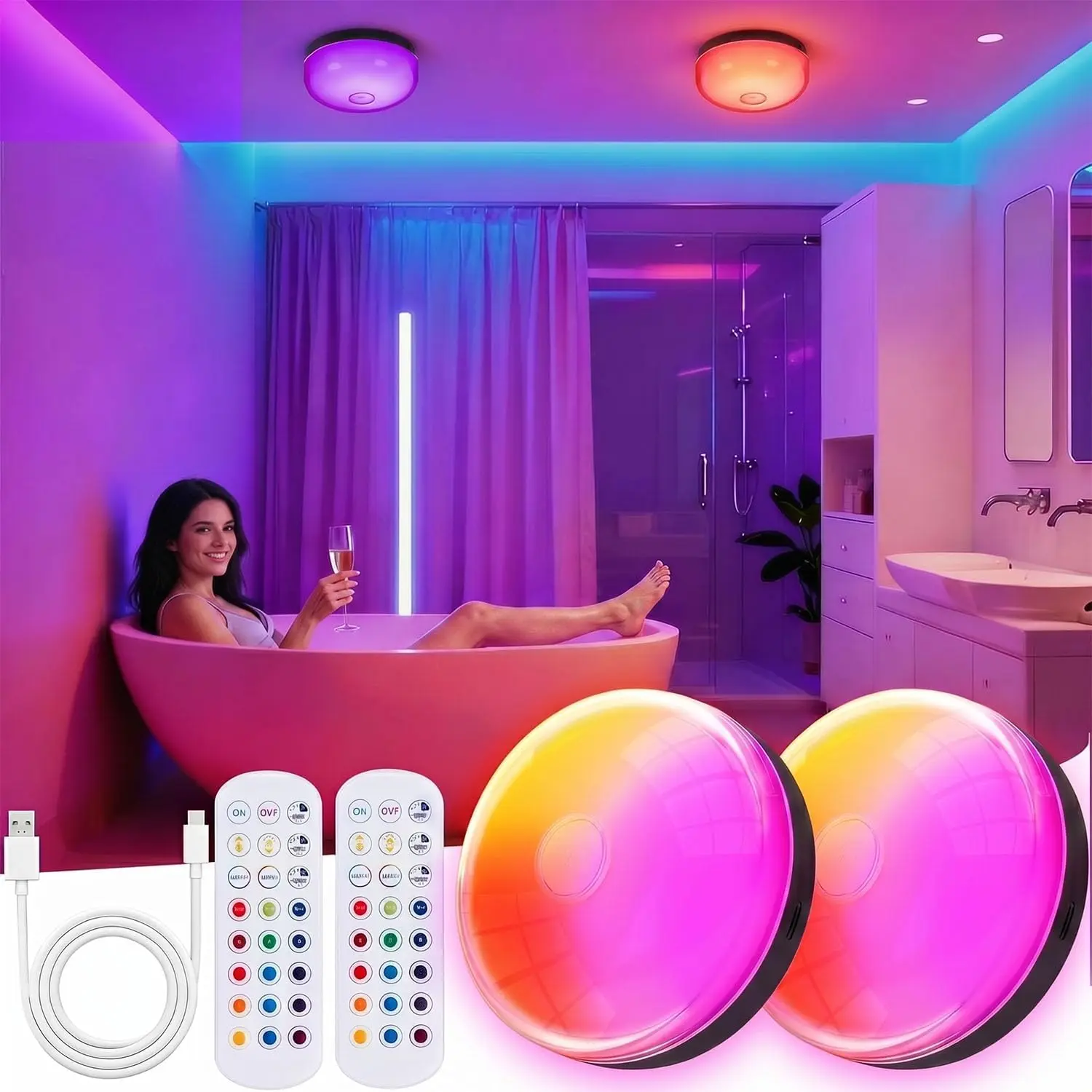 ISUNMEA 2-Pack Rechargeable Waterproof RGB Mood Lamp, 15-Color Dimmable LED Ceiling Fixture for Bathroom, Party Decor