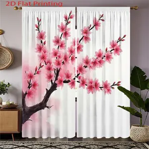 2pcs Pink Peach Blossom Printed Curtains - Chinese Style Soft Color Rod Pocket Curtains