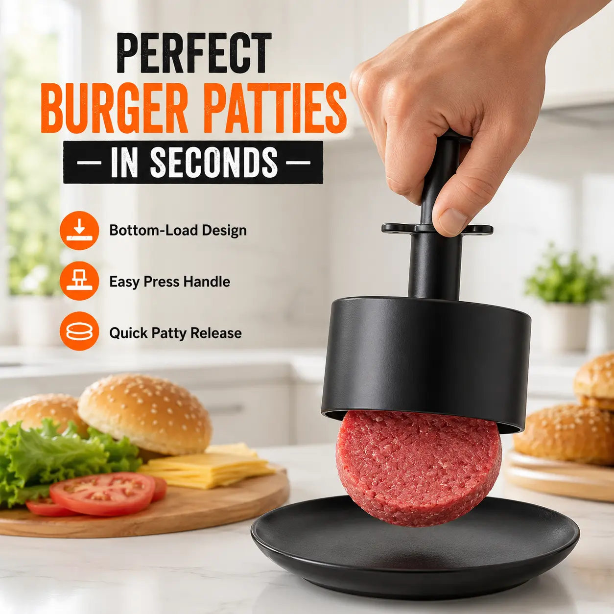 1 Count Hamburger Meat Press, Black, Non-Stick Pie Mold, Suitable for Use with Grills, Pans, Barbecues or Picnics, for Making Beef, Beef Jerky, Cheese and Vegetable Hamburgers