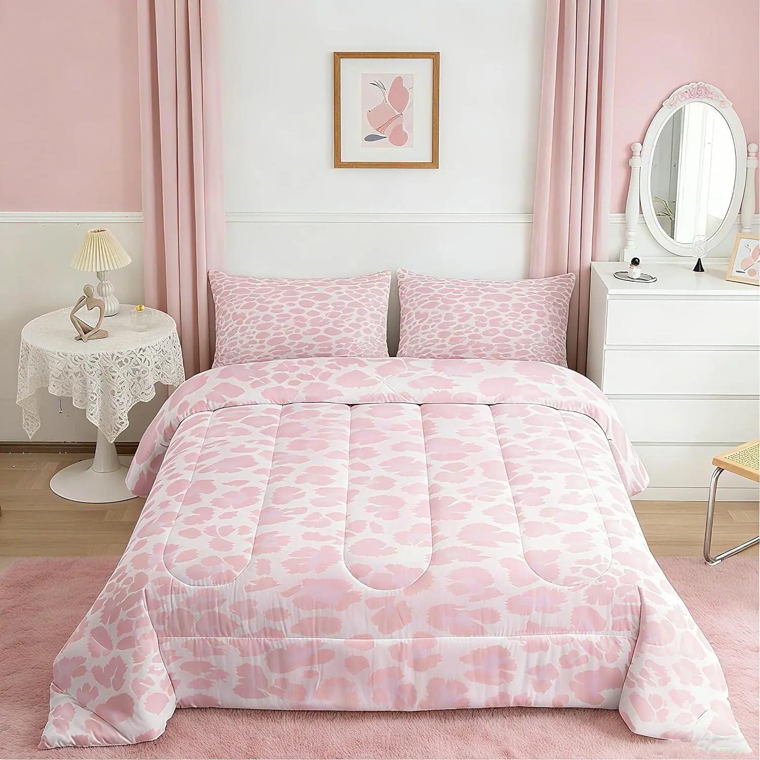 Pink Leopard Bedding Set for Kids Boys Girls Animal Print Comforter Cheetah Bedding Set Bedroom Decor Leopard Fur Print Duvet Safari Quilt