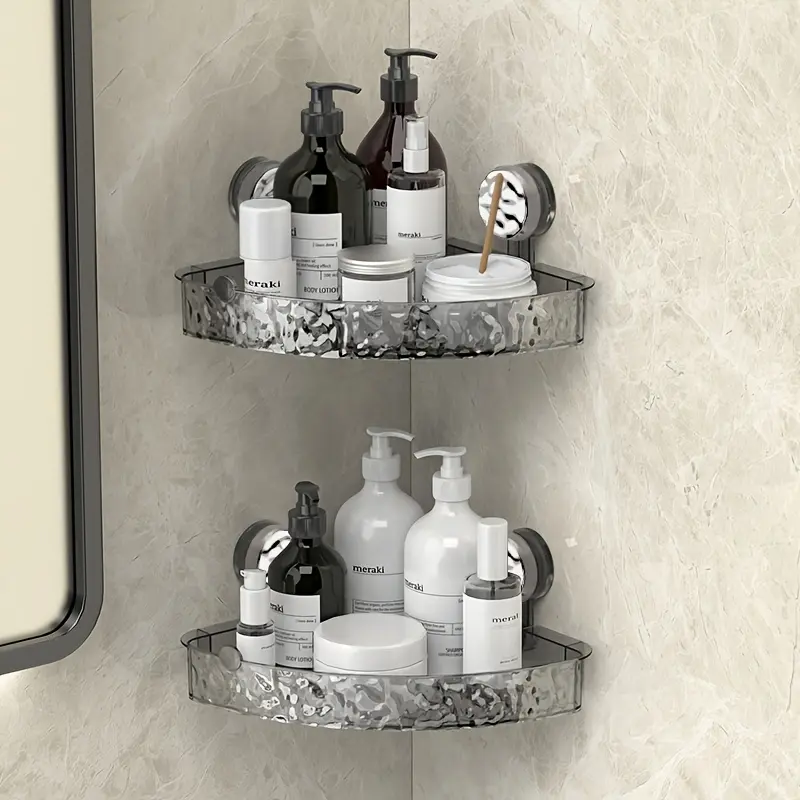 Bathroom Accessories Set - 2-Pack Corrugated Suction Cup Storage Shelves, No-Drill Wall-Mounted Shower Caddy, Removable Transparent Wall-Mounted Organizer for Bathroom, Kitchen
