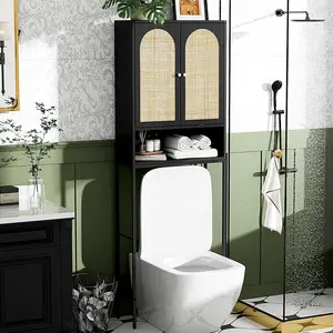 Over-The-Toilet Storage Cabinet, Bathroom Organizer with Adjustable Shelf, Freestanding Space-Saver Stand with Soft-Close Doors for Restroom, Boho Modern LED Lighted Charging Dresser