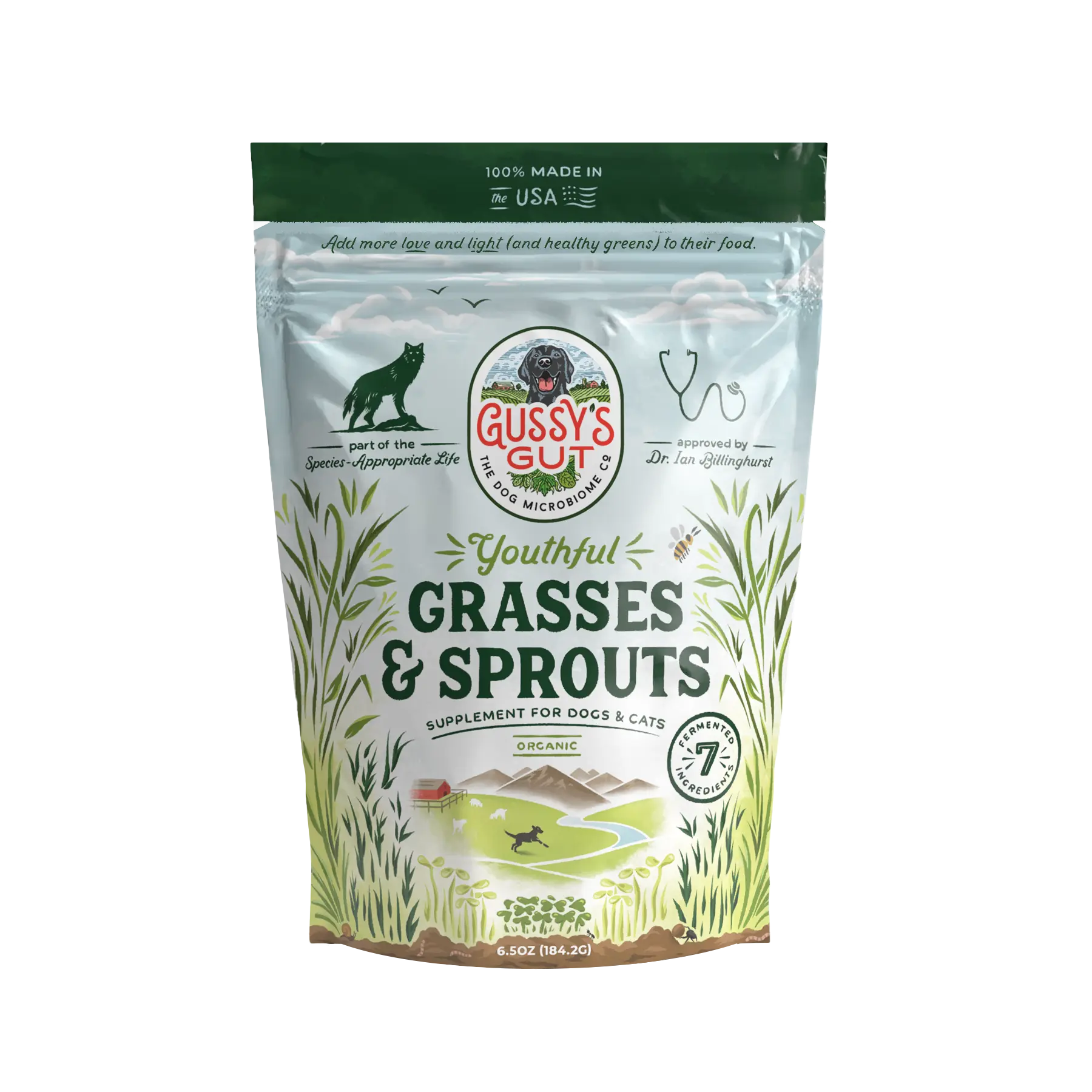 GUSSY'S GUT Youthful Grasses & Sprouts – Fermented Grass & Sprout Blend for Dogs | Helps Reduce Grass-Eating Behavior | Supports Gut Flora, Healthy Digestion & Vitality | All Breeds & Ages