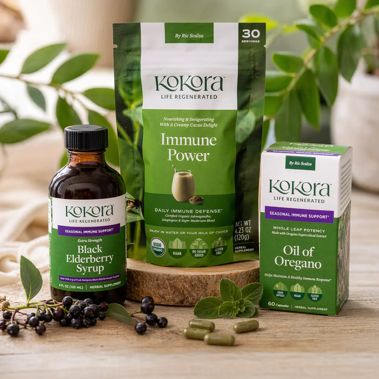 Kokora Immune Support Wellness Bundle - Certified Organic, Potent Dietary Supplements: Black Elderberry Syrup, Natural Oil of Oregano, Plus Free Herbal Extract Powdered Supplement Drink Mix, Botanical Extracts, Daily Supplemental Nutrition Support