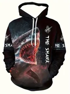 Men's Shark Hoodie with Bold 3D Face Print, Heavyweight Pullover Sweatshirt, Tall Size, Halloween Street Style