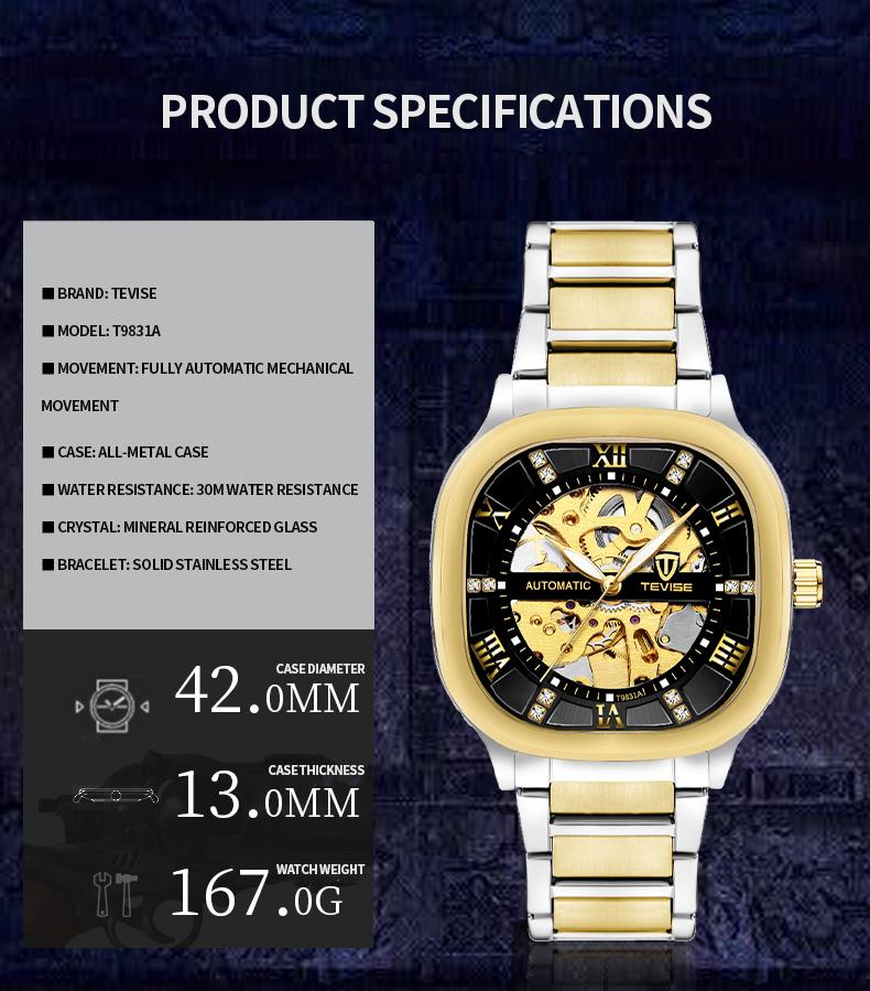 Luxury Men's Skeleton Automatic Watch, Gold Accent, Square Case, Business Stainless Steel Timepiece