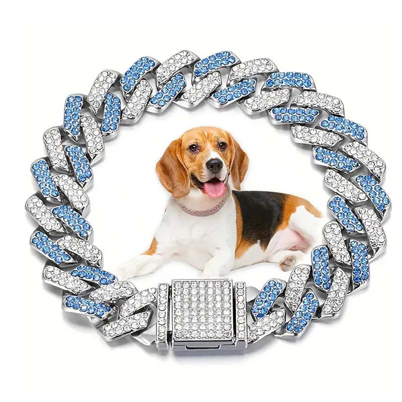 Hip Hop Cuban Bling Dog Necklace, 14 mm Wide Glitter Chain for Small, Medium and Large Pets, Stylish Pet Jewelry Accessory