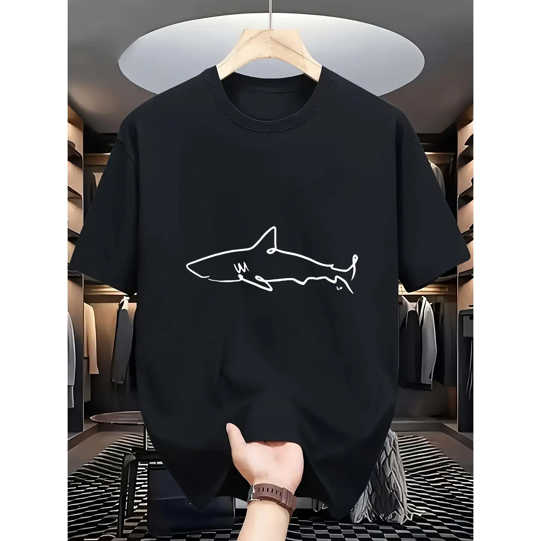 Men's 180g 100% Cotton T-Shirt with Shark Graphic Print - Breathable Summer Casual Tee, Loose Fit Plus Size S-3XL, Black/White for Outdoor Sports & Le