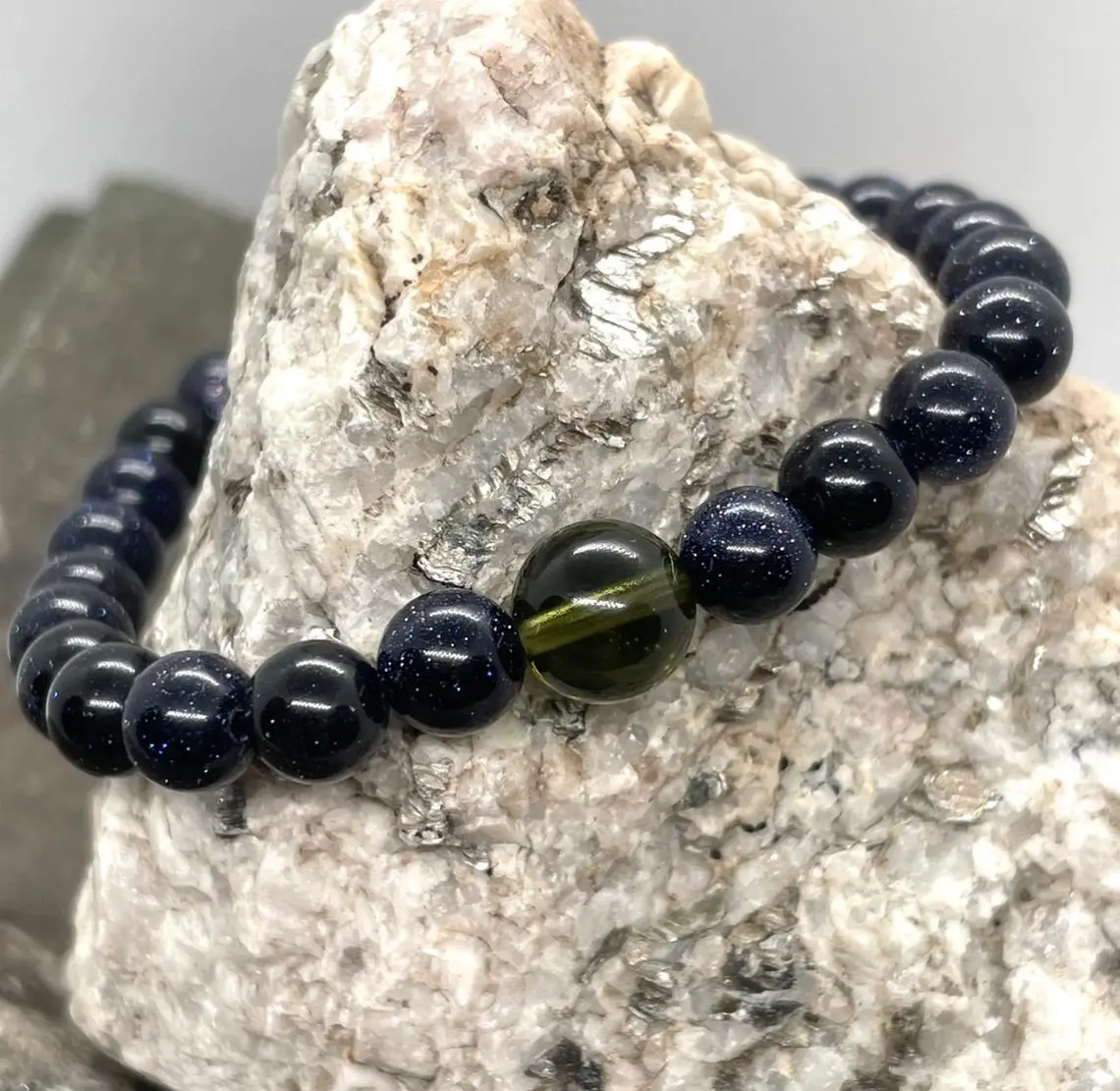 Moldavite and 6mm Blue Sandstone Beaded Bracelet Moldavite and 6mm Blue Sandstone Beaded Bracelet