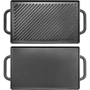 GGC Cast Iron Reversible Grill Griddle,Sided Grill Pan Perfect for Gas Grills and Stove Tops, 13 x 8.25 Rectangular Baking Flat and Ribbed Griddle