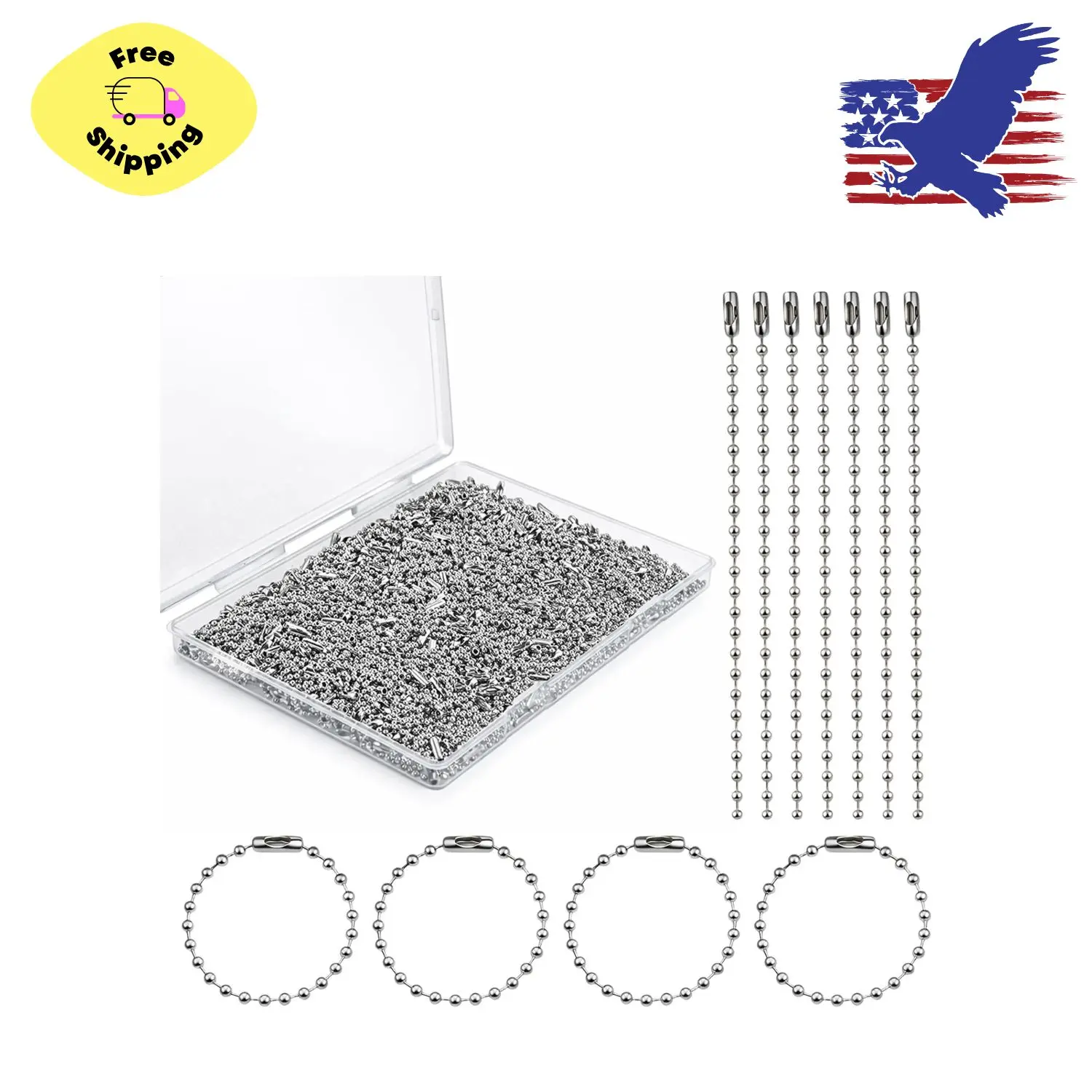 400 Pcs Long Bead Ball Chain Keychain 3.9 Inch Silver Ball Connector