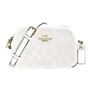 COACH Camera 19 Classic Monogram Leather Crossbody Shoulder Bag for Women, Glacier White