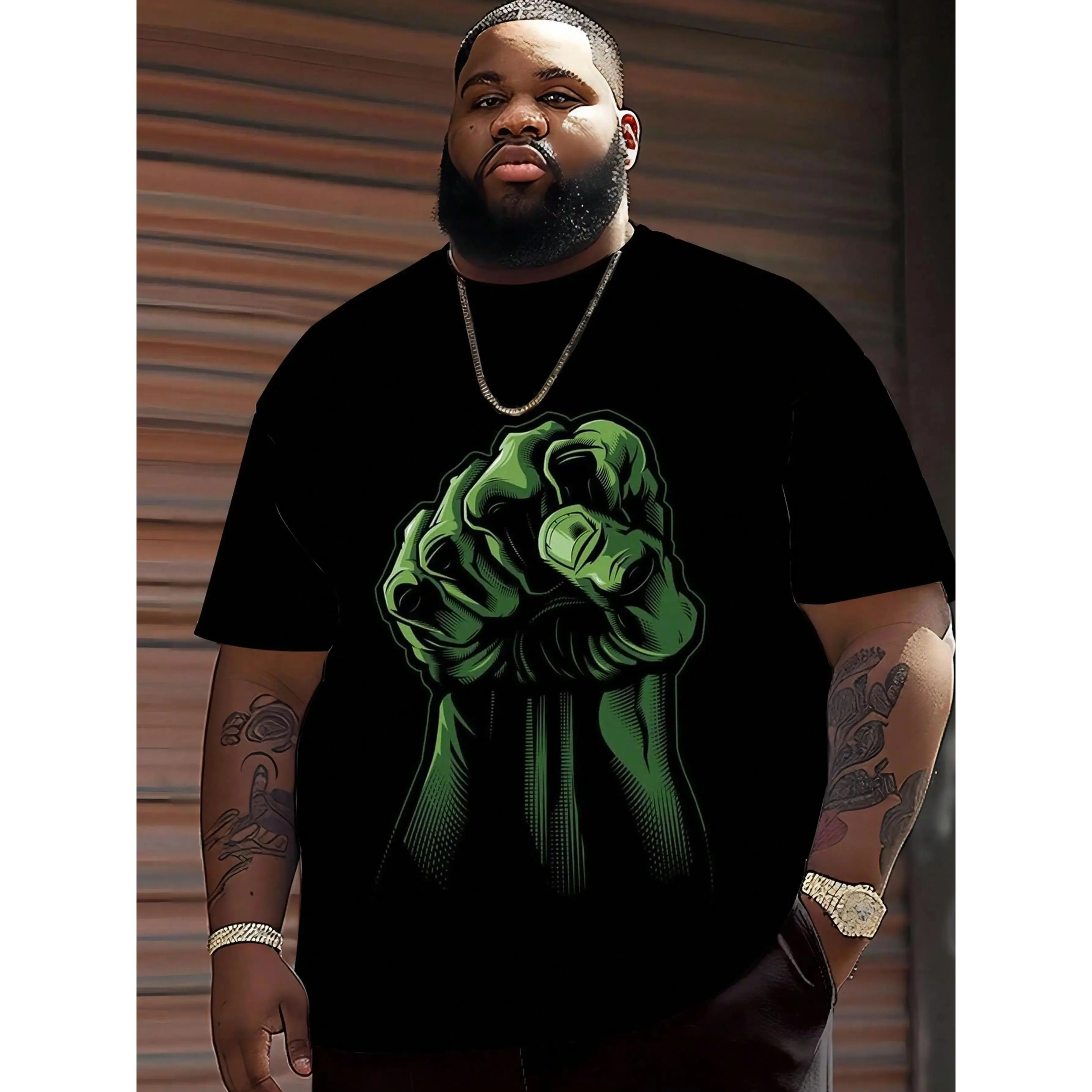 Men's  T-Shirt - Green Giant Fist Graphic Print Retro Streetwear Style, Soft Breathable Fabric, Machine Washable, Big & Tall Regular Fit for Spring Summer Fall Casual & Work Wear, Ideal Gift, Summer Clothing, Street Style Apparel, Com