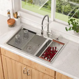Lordear 36 Double Bowl Drop In Kitchen Sink Large Low Divided Workstation 36X22 Inch Topmount Kitchen Sink 60/40 16 Gauge Stainless Steel Over Counter Handmade Sinks Lower Divider