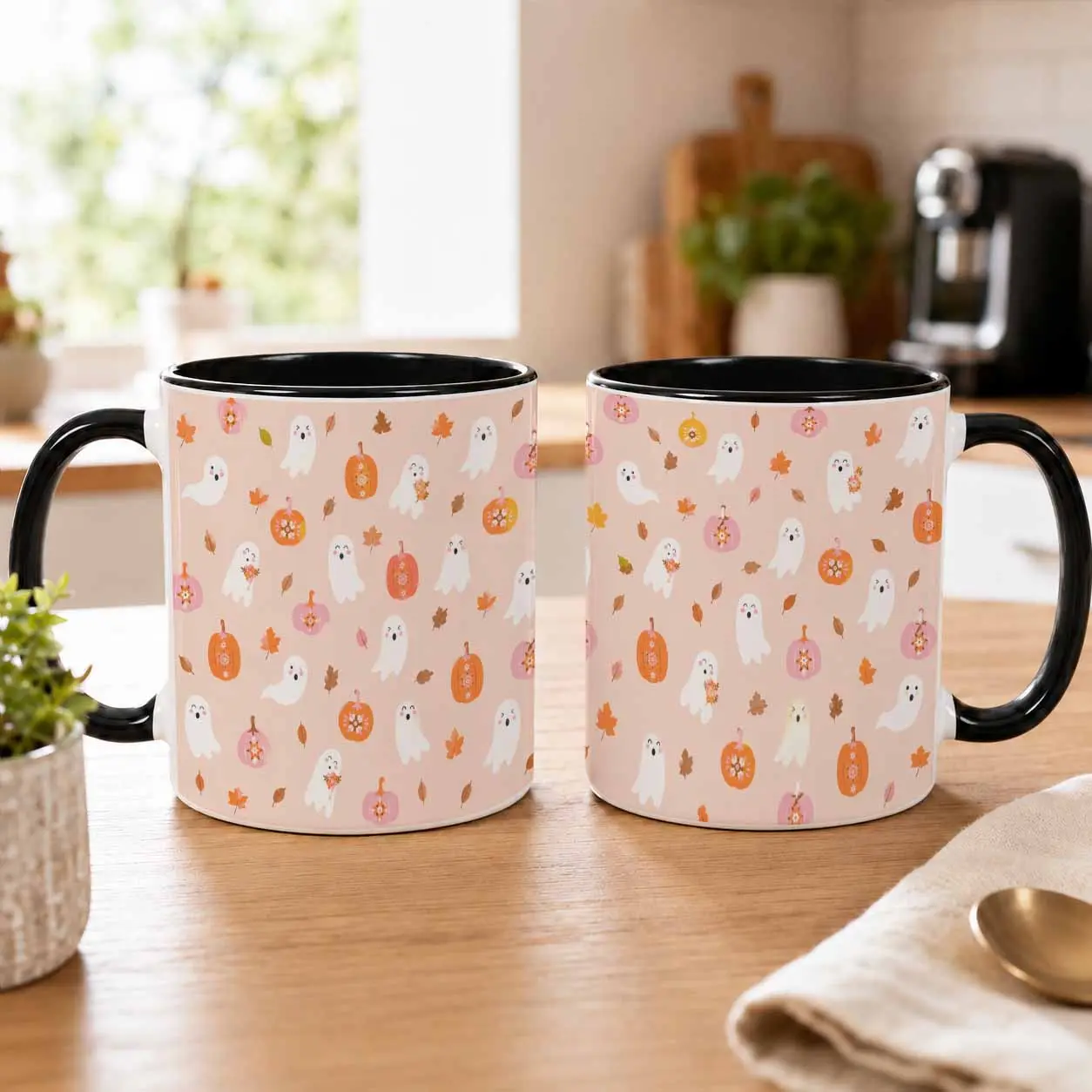 Ceramic Heat Resistant Single Mug (11oz/15oz) - Cute Ghost, Pastel Halloween Ghosts, Floral Pumpkins, Fall Leaves Print, Washable Drinkware, Cozy Home Gift, Autumn Party Use
