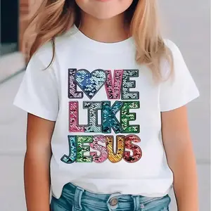 Cute Girls' Casual Comfy Crew Neck Short-Sleeve T-Shirt - Love Like Jesus Graphic Print, Heart Graphic Print, Spring Summer Outdoor Activities Top