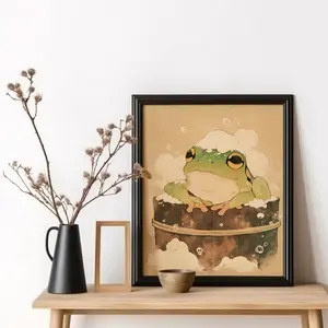 Japanese Frog in Bath Poster – Funny Frog Bathroom Art Print, Unframed, 5 size, 8x12 to 27x40 inch