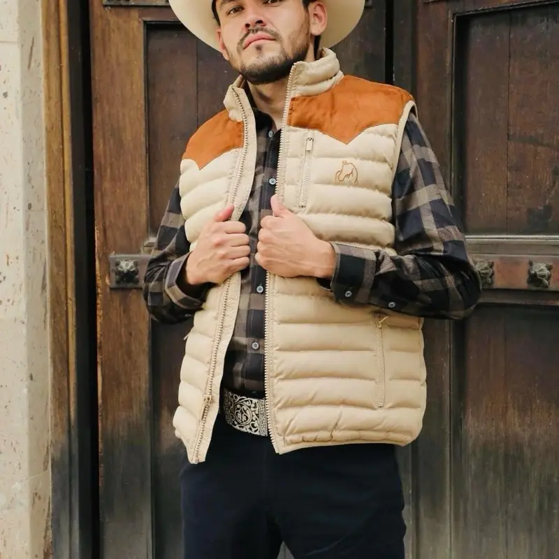 Chaleco Vaquero White Daimonds Color Tabaco Men's Fashionable Vest with Diamond Embellishments
