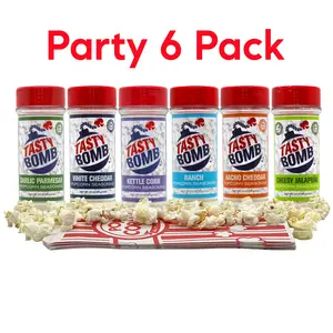 Tasty Bomb-Flavorful Popcorn Seasoning Variety Pack – 6 Seasonings in White Cheddar Cheese, Ranch, Garlic Parmesan & More with Popcorn Bags – Gluten-Free Keto Snack for Movie Nights & Gifts.