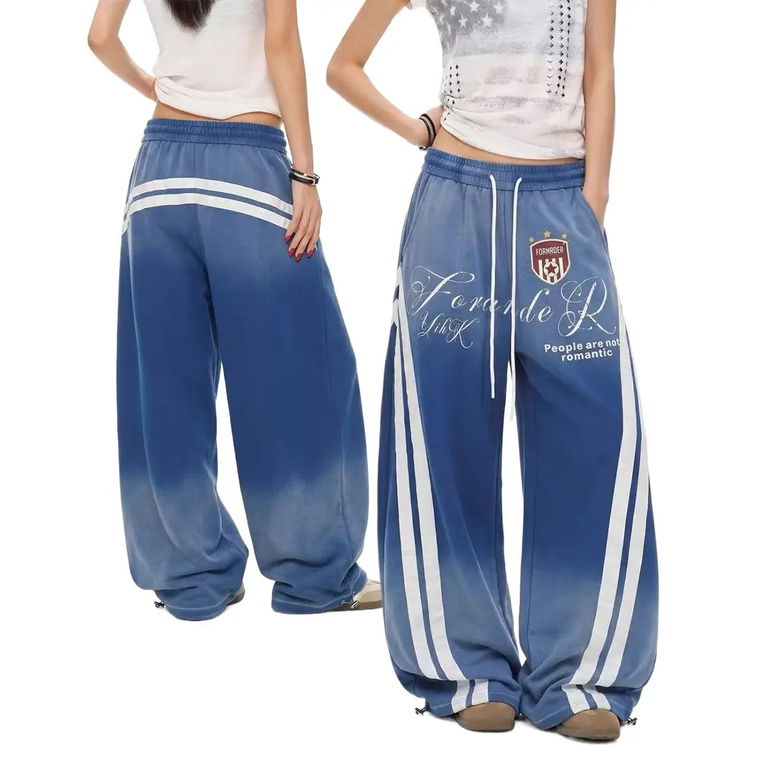 Women’s striped wide-leg casual pants with a drawstring waist, featuring an all-over pattern design and no back pockets.