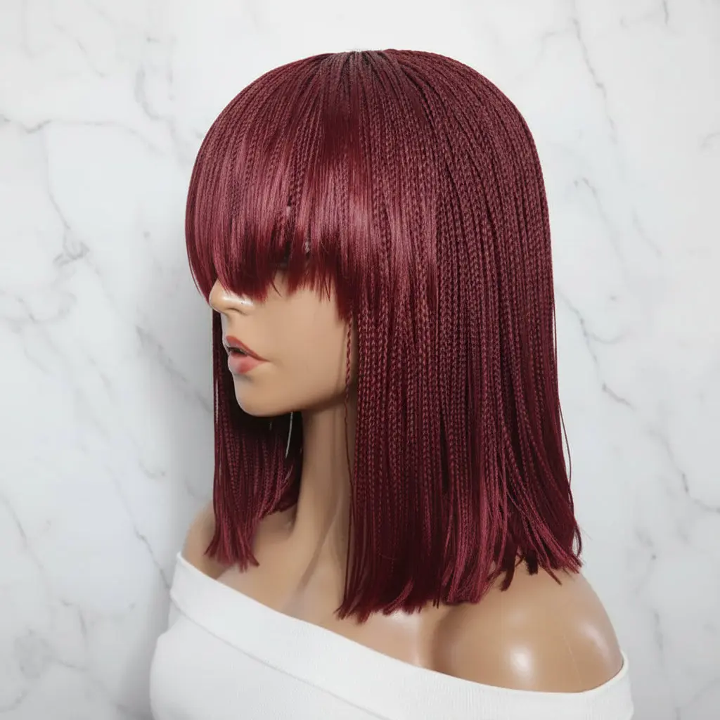 Blunt Bangs Bone Straight Micro Knotless Twist Braids. Braided Wig.
