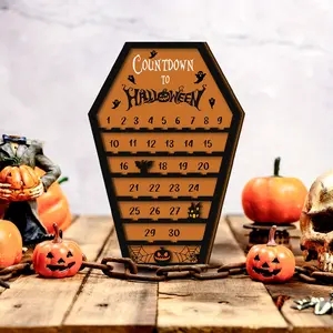 Halloween Countdown Calendar Board Moving Wooden Calendar Advent Calendar Movable Ghost Pumpkin Decoration Coffin Shaped Halloween Home Decor Holiday Decorative Sign